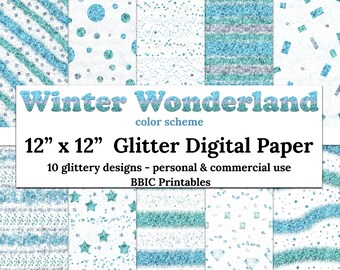 Winter Wonderland Digital Paper- INSTANT DOWNLOAD, 12x12 Light Blue Aqua Mint Winter Colors Glitter Patterns Confetti Stripes Seamless JPG
