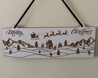 Christmas wall hanger, wall decor, Christmas scene, Santa wall hanging, santa and reindeer, christmas decoration, winer wonderland scene