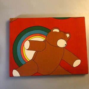 Wood Base Framed Schumacher Fabric Sample Teddy Bear by Carlton Varney Stamped Schumacher Screen Print Styled by Carlton Varney - Rainbow