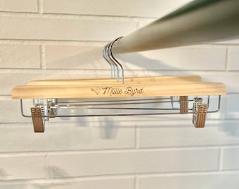 Custom Logo Wood Hangers with Clips (6 Pack) | Laser Engraved Branding