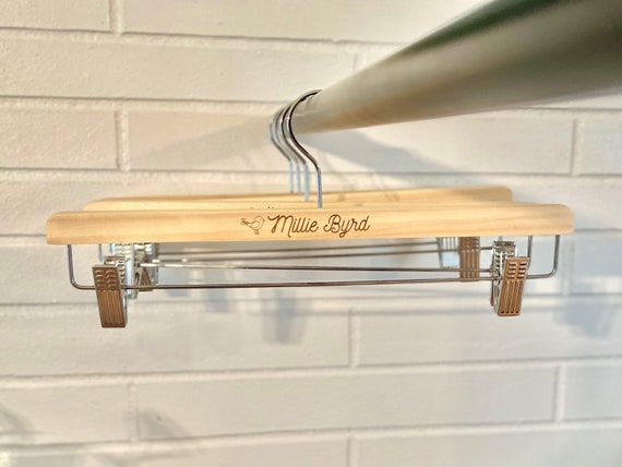 Custom Logo Wood Hangers with Clips (6 Pack) | Laser Engraved Branding