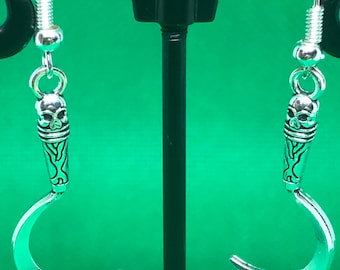 Sickle with Skull Handle Earrings Silver Hook Style
