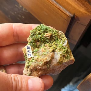 May include: A rough-hewn rock specimen with a vibrant green, moss-like coating and patches of clear, crystalline material. A small, white label with the number "872" is attached. The rock is held in a hand, showcasing its natural texture and color variations.