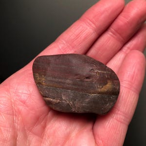 May include: A smooth, oblong stone with bands of dark red, brown, and tan hues. The rock is held in a hand, showcasing its natural colors and textures. The stone's surface appears polished.