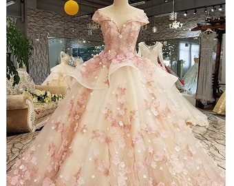 Pink White Fairy Luxury Wedding Prom Dress Ball Gown,3D Flower Embroidery Dress,Floor Long Trailing Dress,Bride Wedding Dress,Evening Dress