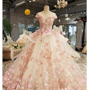 Pink White Fairy Luxury Wedding Prom Dress Ball Gown,3D Flower Embroidery Dress,Floor Long Trailing Dress,Bride Wedding Dress,Evening Dress