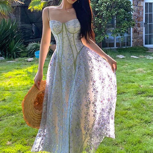 Lace Embroidered Floral Slip Dress, Vintage Mesh Dress, Princess Dress Women, Summer Dress, Beach Dress, Women Dress,Summer Beach Prom Dress