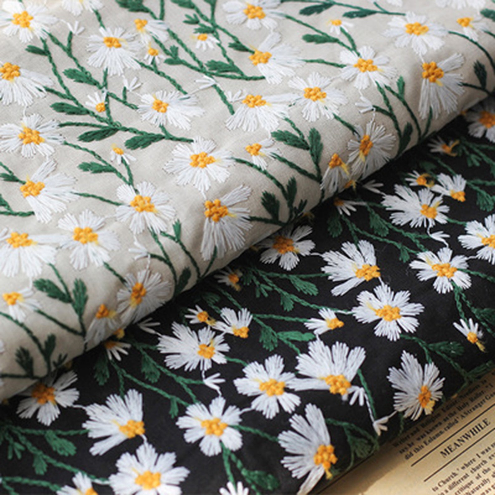1 Yard Daisy Embroidery Cotton Linen Fabric Retro Manual | Etsy