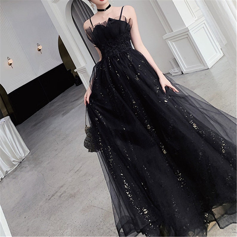 Black Glitter Tulle Prom Dress, Black Slip Evening Prom Dress, Cottagecore Dress, Black Swan Dress, Gown Dress, Gothic Dress, Gift For Her 