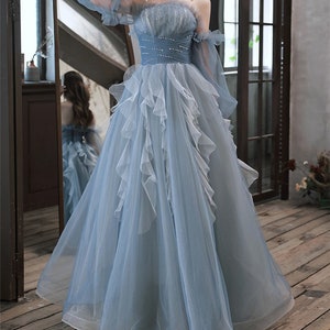 Blue Tube Top Prom Dress, Fairy Tulle Prom Dress Ball Gown, Elegant ...