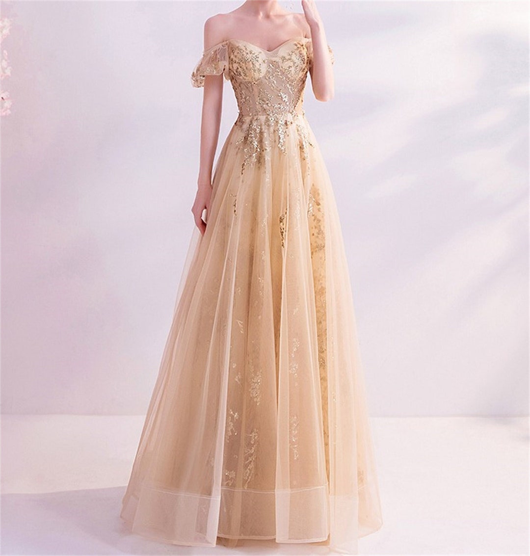 Gold Embroidered Prom Dress, Gold One Shoudler Prom Dress, Shiny Tube ...