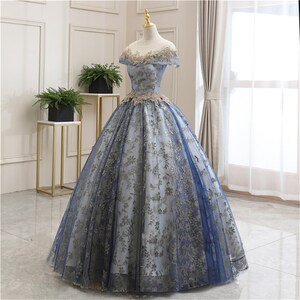 Blue Embroidery Beading Tulle Prom Dress, Black Ball Gown, Elegant ...