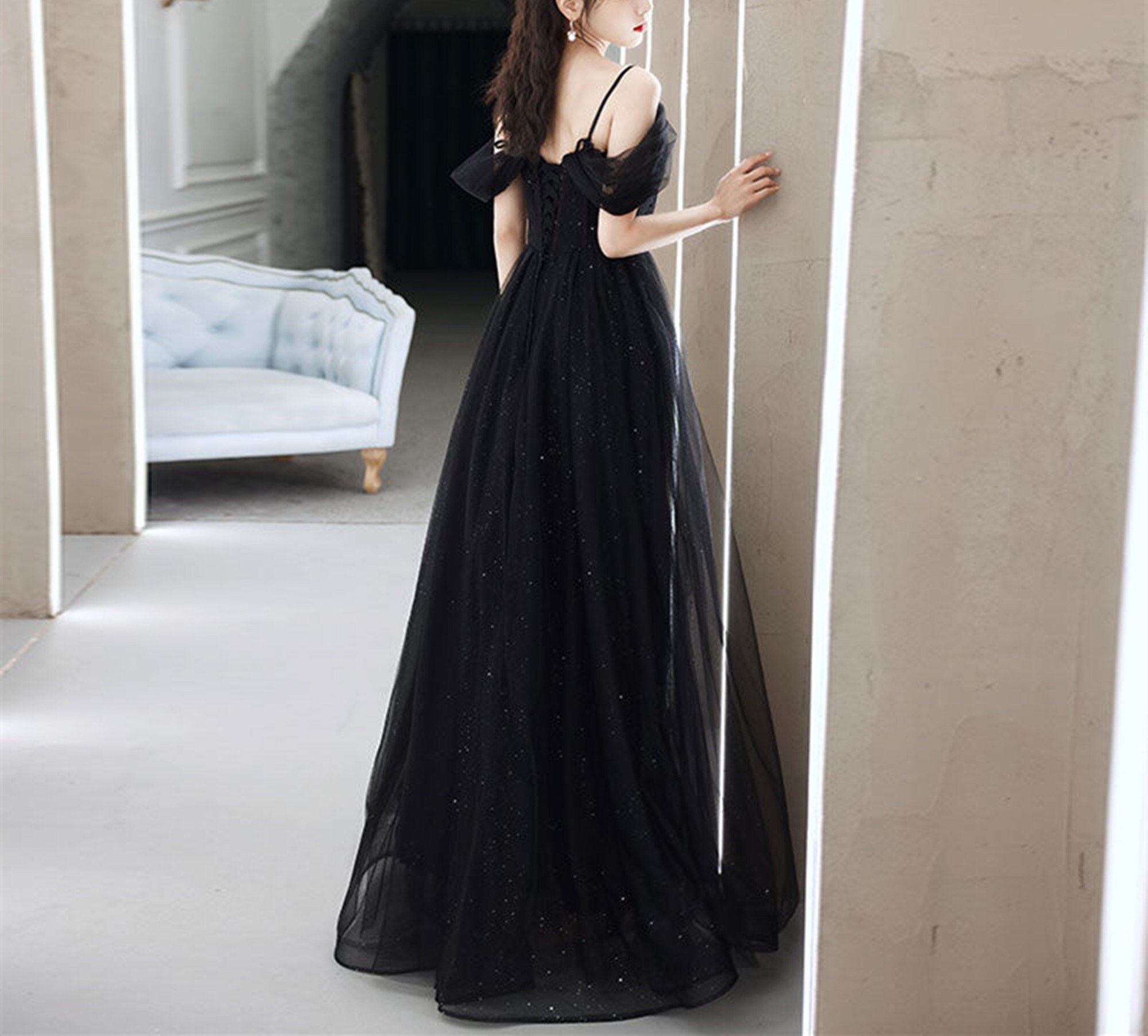 Black Tulle Prom Dressglitter off Shoulder Slip Prom Etsy Canada