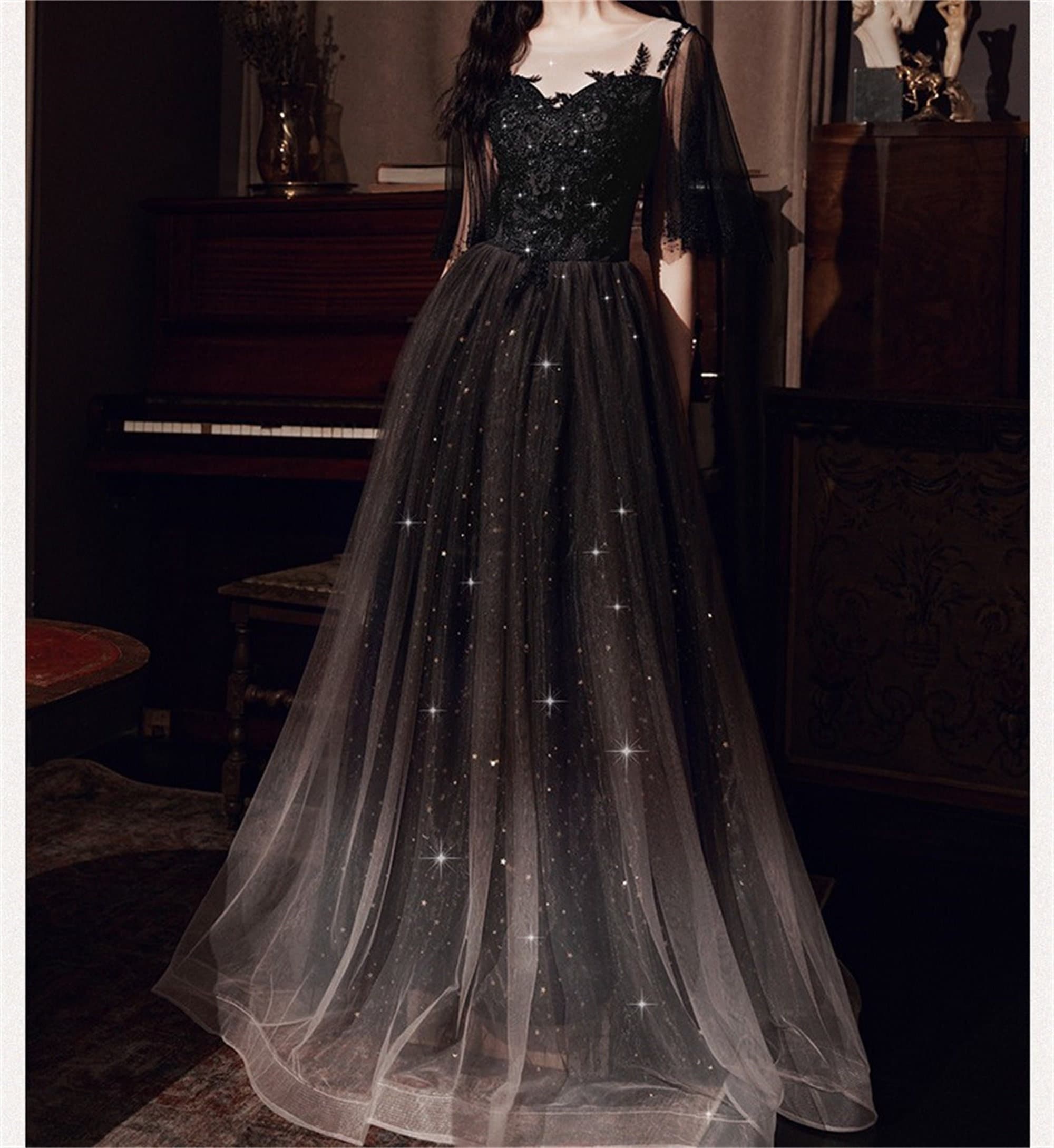 Black Gothic 3D Beaded Floral Lace Applique Tulle Dress