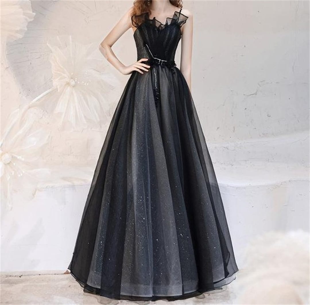 Black Slip Prom Dress, Elegant Black Tulle Dress, Black Glitter Evening Dress, Wedding Ball Gown