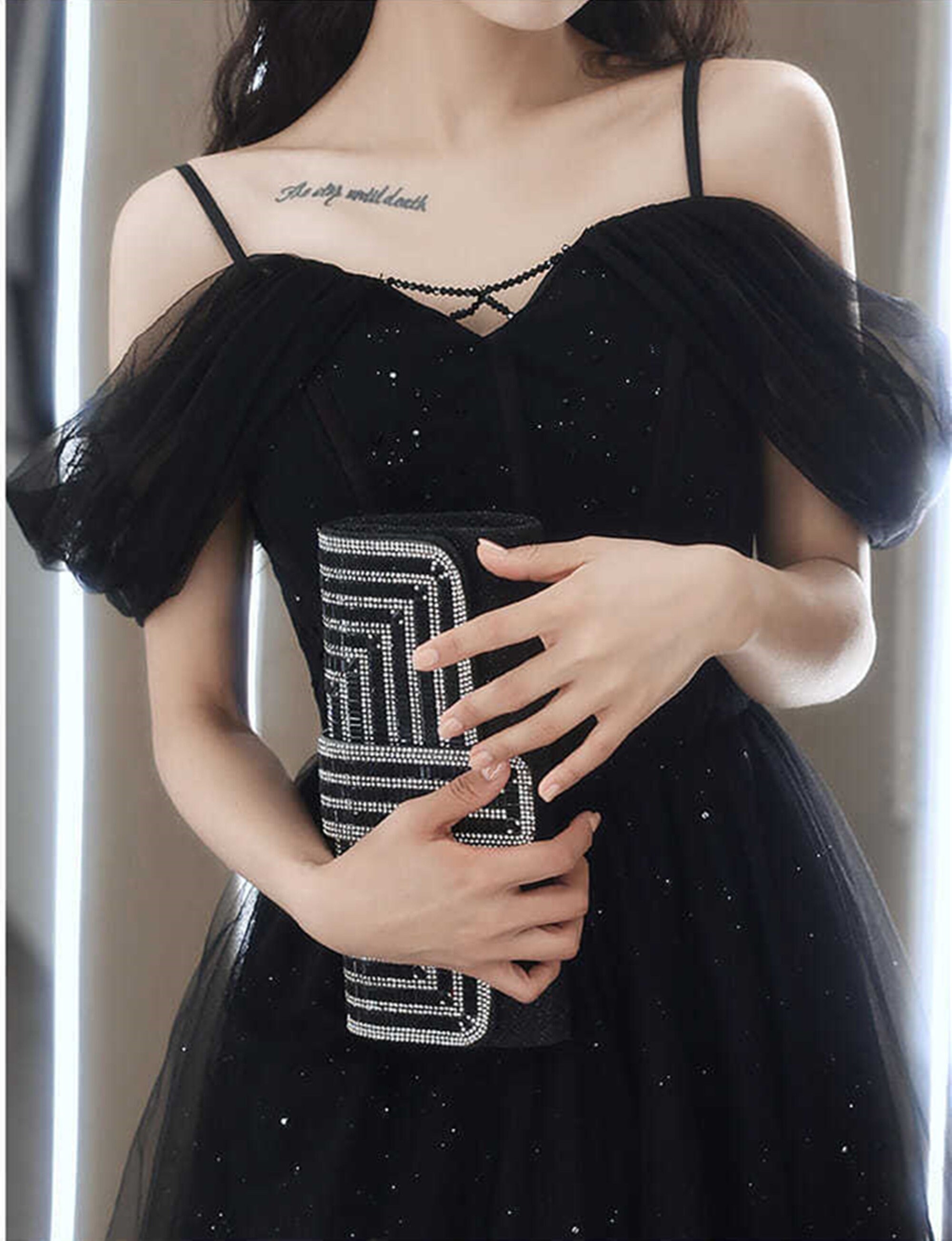 Black Tulle Prom Dressglitter off Shoulder Slip Prom Etsy Canada