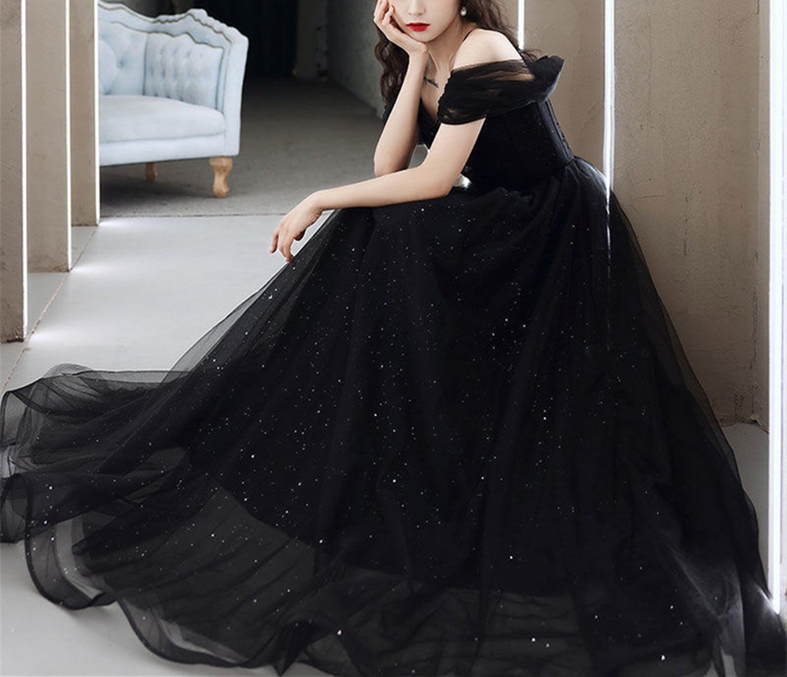 Black Tulle Prom Dressglitter off Shoulder Slip Prom - Etsy