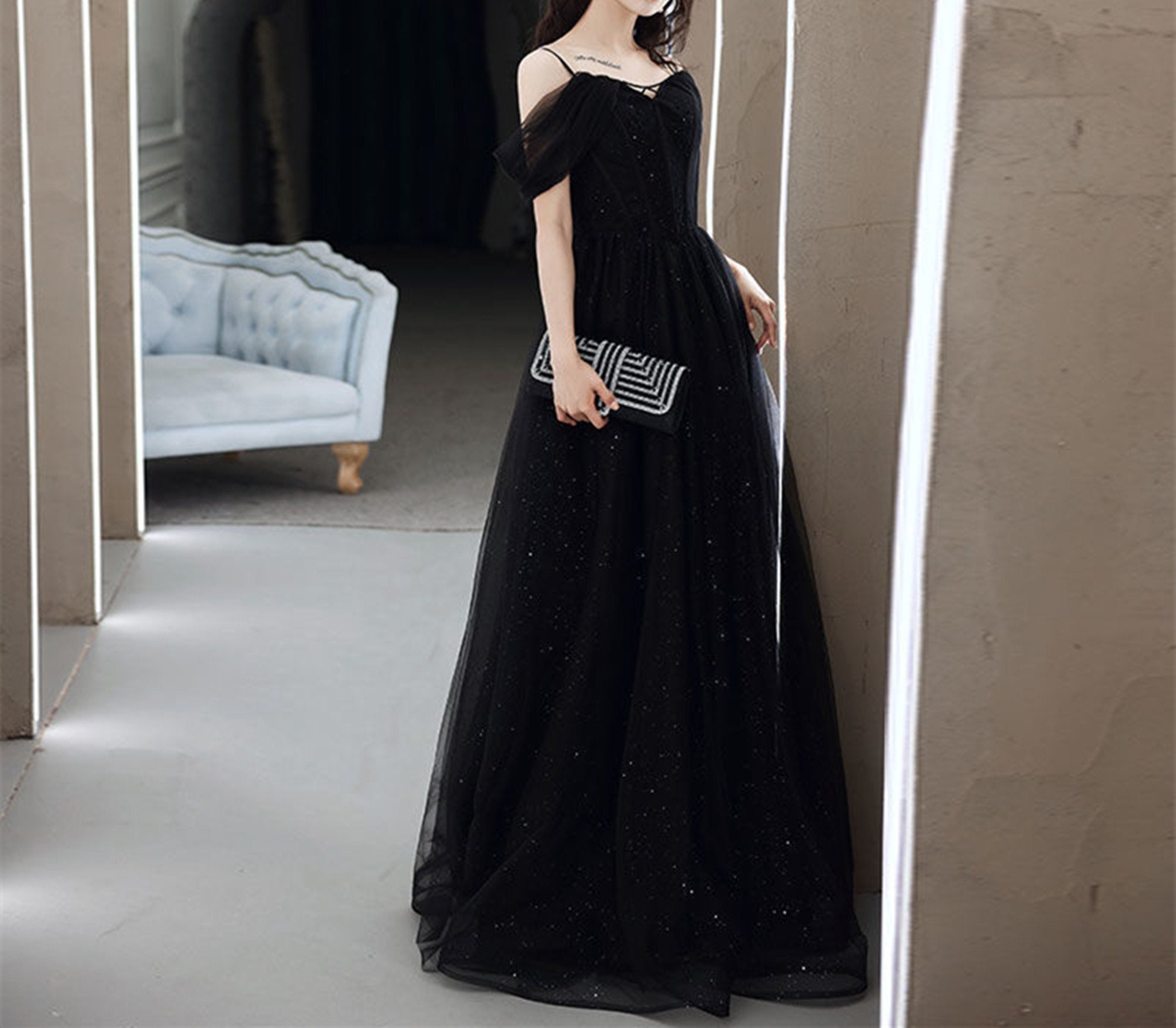 Black Tulle Prom Dressglitter off Shoulder Slip Prom Etsy Canada