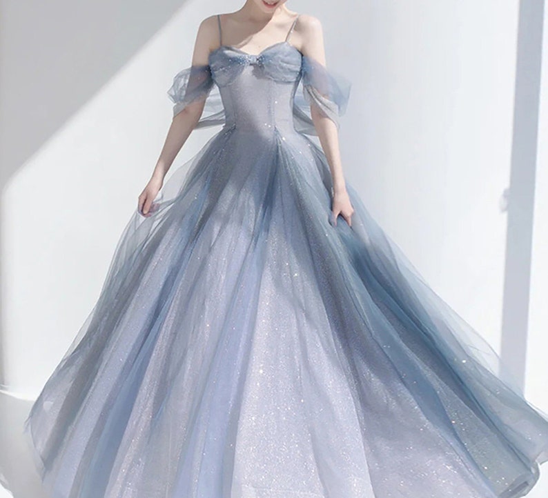 Glitter Blue Gray Tulle Slip Prom Dress,Cottagecore Prom Dress,Evening Prom Dress,Prom Fairy Dress,Bridal Bridesmaid Dress,Princess Dress 