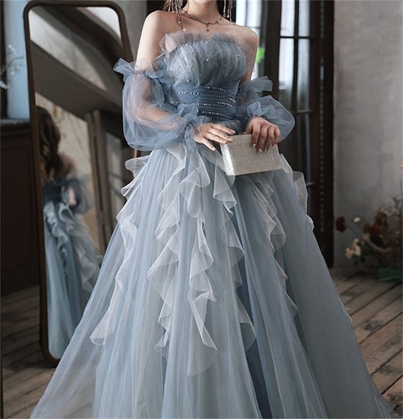 Blue Tube Top Prom Dress Fairy Tulle Prom Dress Ball Gown