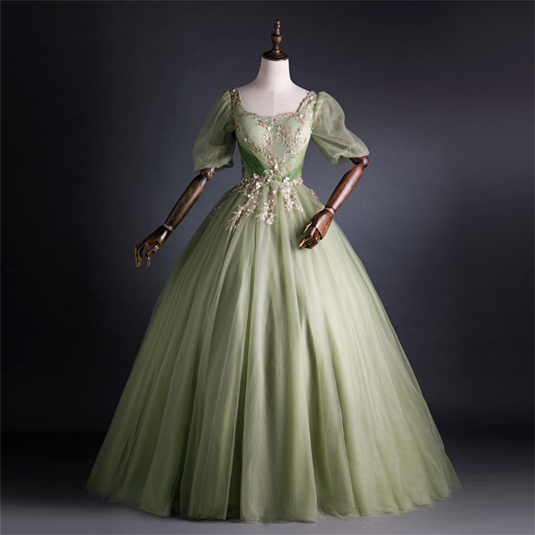 Green Embroidery Beading Tulle Prom Dress, Elegant Evening Dress ...