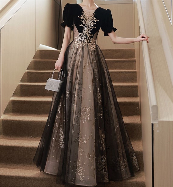 Vintage Black Glitter Evening Dress V Neck Puffle Long Wedding Prom Dresses  A-line Lace-up Back Vestido de noche Customize - AliExpress