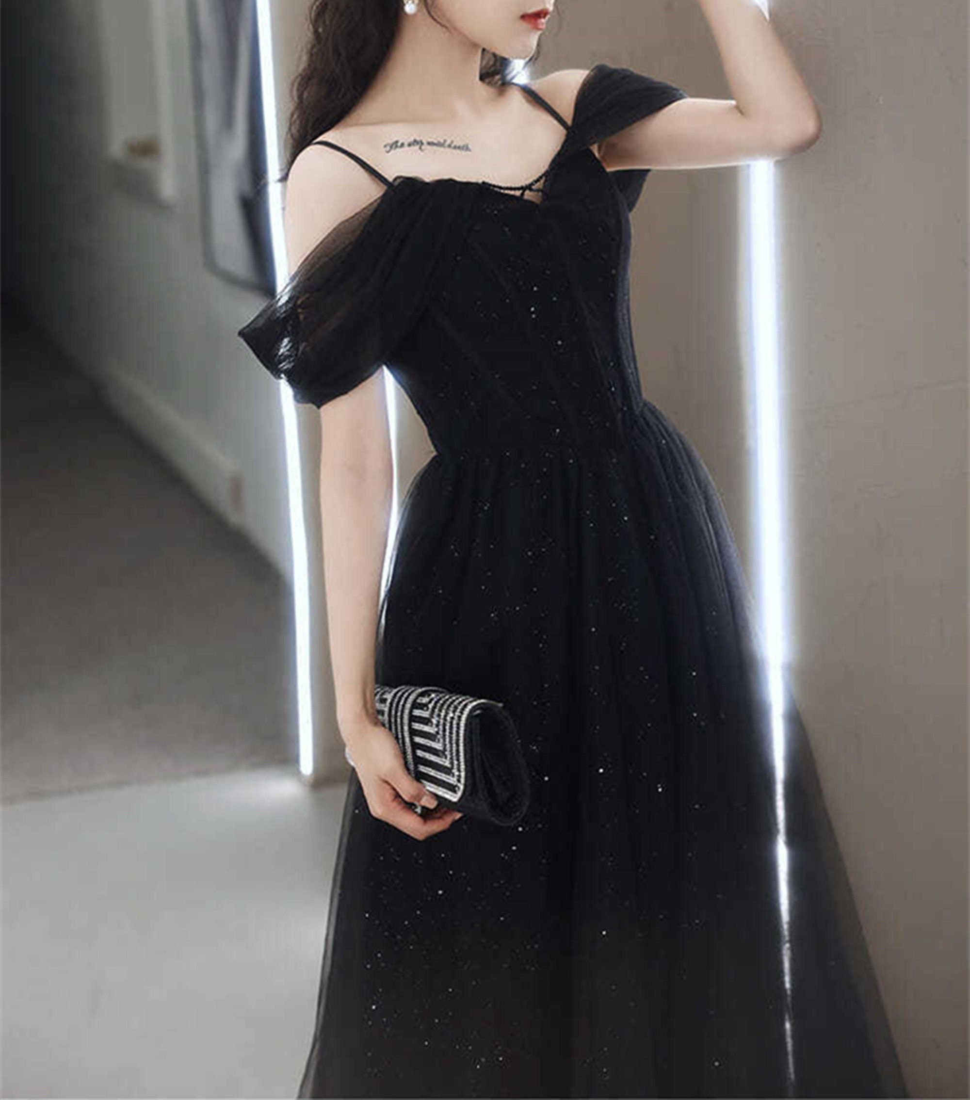 Black Tulle Prom Dressglitter off Shoulder Slip Prom Etsy Canada