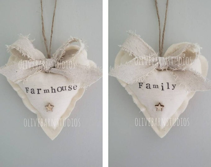 Set of 2 hearts hanging hearts farmhouse mini hearts personalized hearts rustic heart decor primitive hearts neutral heart set