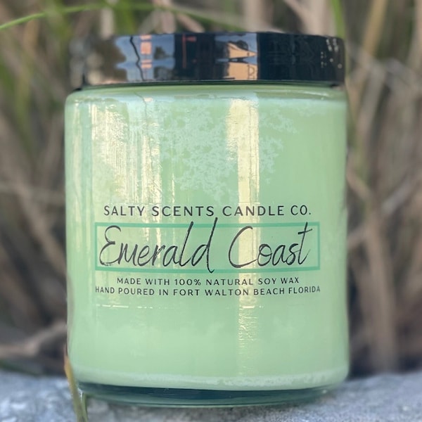 Emerald Coast; Medium Soy Candle - 9oz, Beach Candle, Scented Candle, Home Decor, Gift, Beach Scent, Candle Jar, Glass Candle, Birthday Gift