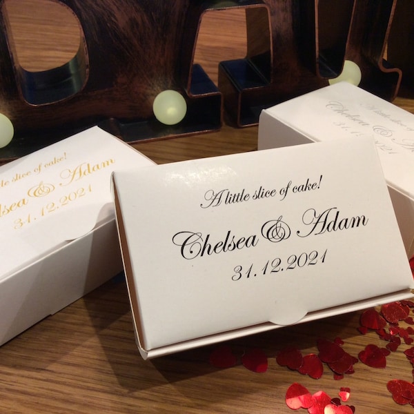 PERSONALISED x 30 Wedding Favour Cake Boxes - GRAND Size 105x65x35mm - Elegant design, with top opening, quick and easy to make up