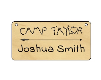 Leather-strung Wood Name Tags, 4" x 2", Personalized Camp Name Tags, Wooden Name Badges - Custom Engraved Name Tags
