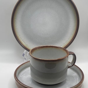 SOHOLM STENTOJ Bornholmsk Denmark SONJA Vintage Gray/Brown Ceramic Cup,Saucer and side plate set. Danish Design, Mid Century Stoneware