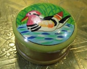 Small Wooden box with Mandarin Duck handpainted picture - Vintage French trinket pill or Jewellery box Twitchers or Ornathologists gift