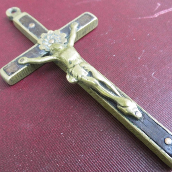 1900s Antique French Pendant Crucifix - Large Monks or Nuns Pectoral Brass and Wood Necklace Cross - 2 x 4 inches