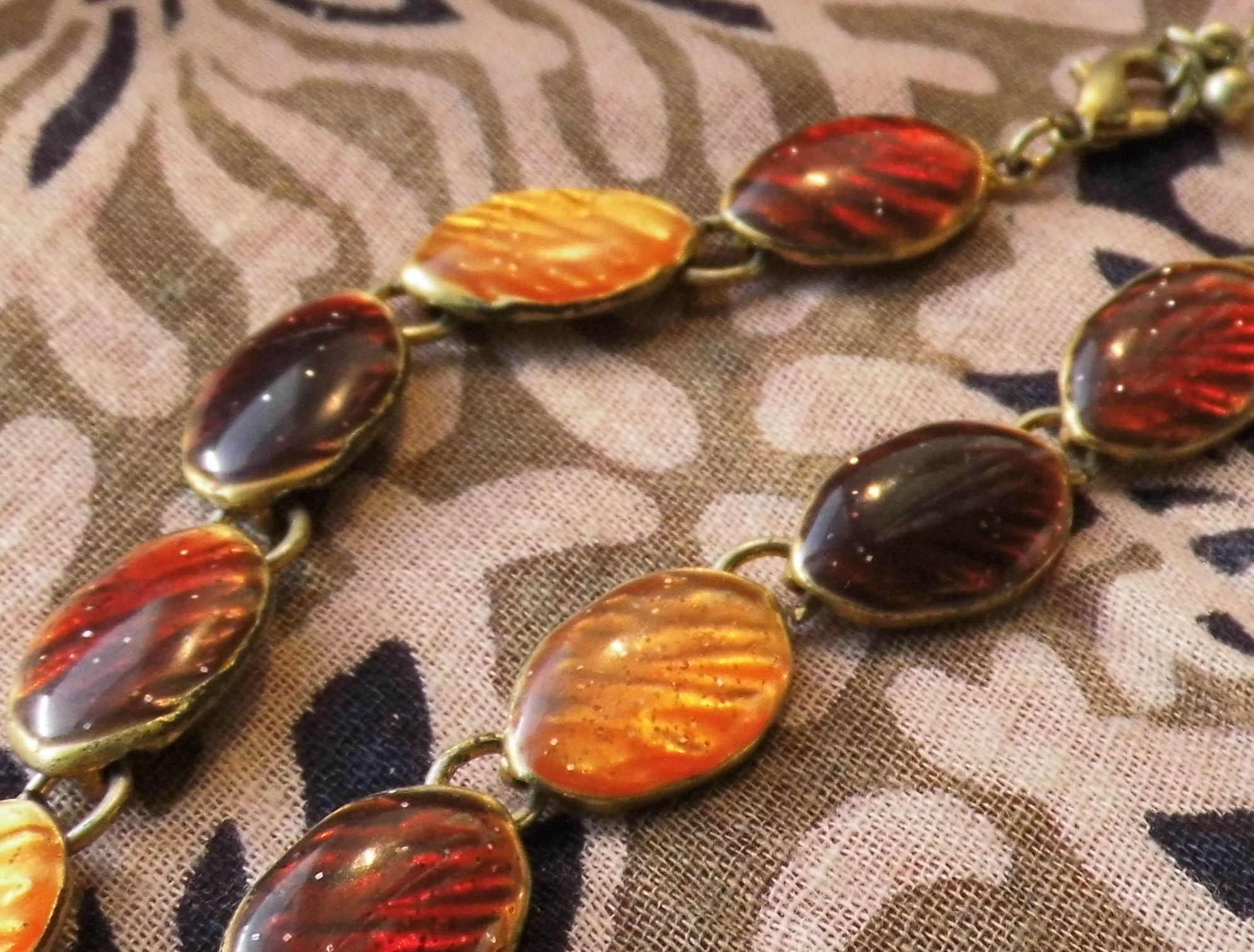 Real Vintage Amber Glass Enamelled Necklace 18 flat gold backed