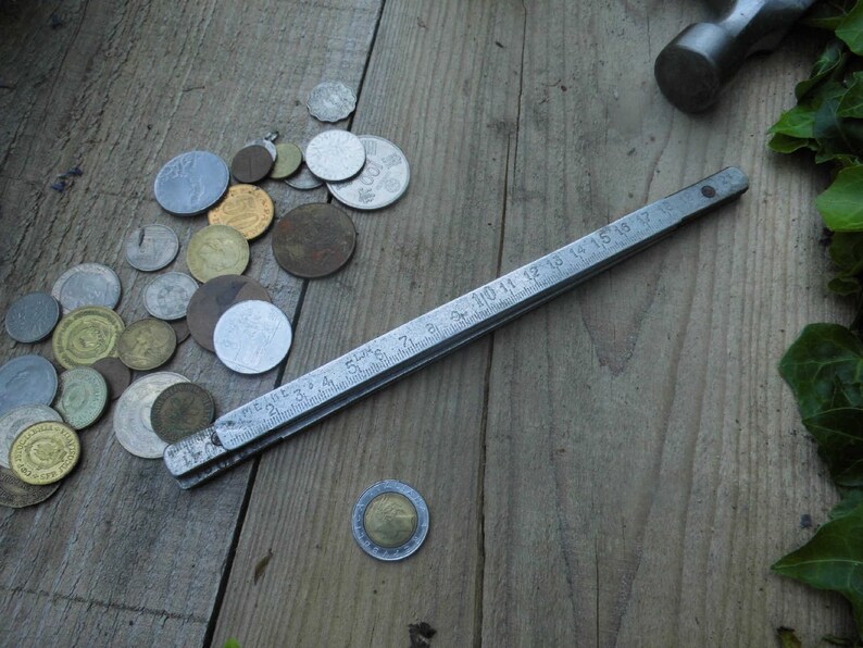 Vintage French 1950s Duralumin 1 Metre Folding Ruler in Centimetres with brass hinges carpenters artisan old fashioned design and quailty