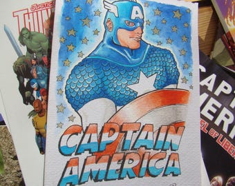 Steve Rogers Captain America Watercolor Painting A5 Original Comic Book Interior Design for Fan of Marvel or the MCU