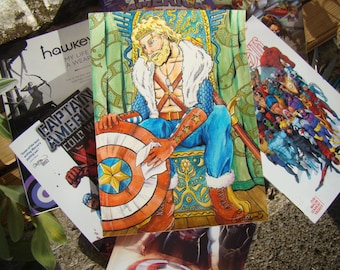 Steve Rogers Captain America Watercolor Painting A4 Original Comic Book Interior Design for Fan of Marvel or the MCU Royalty King
