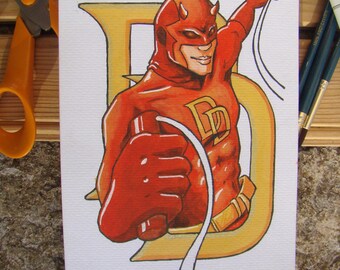 Matt Murdock Daredevil Watercolor Painting A5 Original Comic Book Interior Design for Fan of Marvel or the MCU