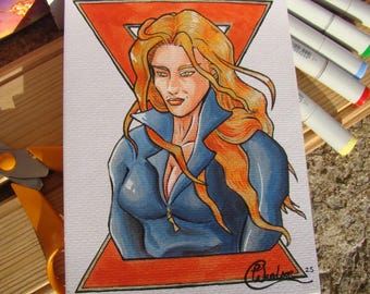 Black Widow Natasha Romanoff Watercolor Painting A5 Original Comic Book Interior Design for Fan of Marvel or the MCU