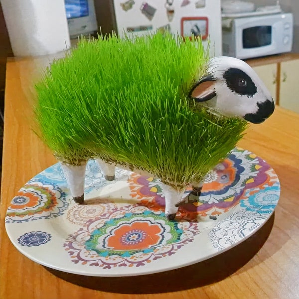 Ceramic Sheep Planter grow your own pet with different seeds, Great gift idea Handmade animal, Bonsai pot flowers black and white bestseller