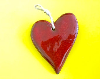 Red Ceramic Hearts Shape With String for Hanging on Wall, Car Rear View Mirror, Window etc. As a Small Handmade Special Gift For Mom For Her