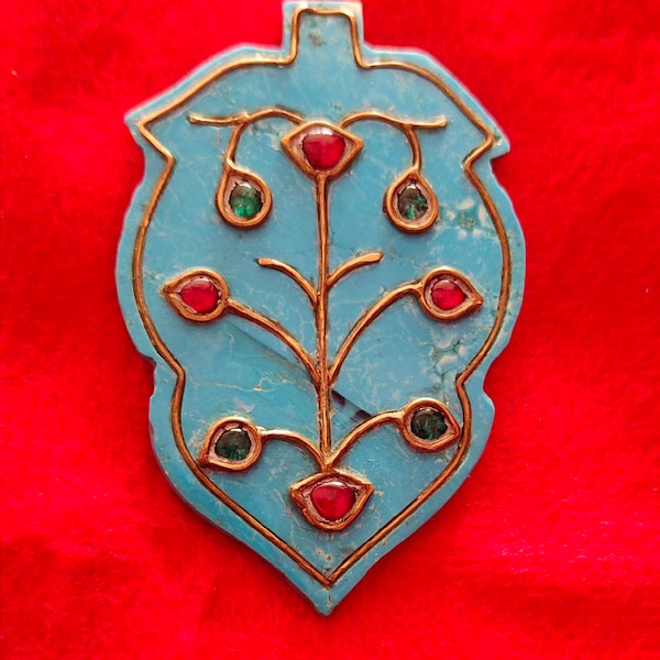 Antique Mughal turquoise pendant Mughal Design Ruby and emerald work estate antique takti pendant