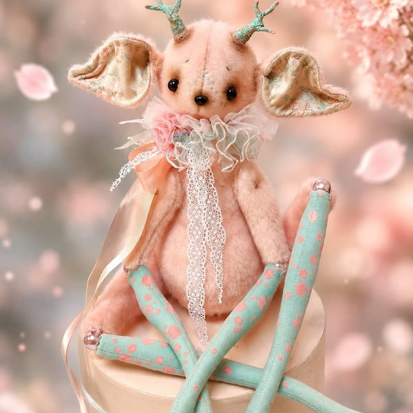 Deer Spirit Japanese Inspired Art Doll Handmade Plush Deer Collectible Soft Sculpture OOAK Textile Doll Lucky Home Talisman fantasy deer dol