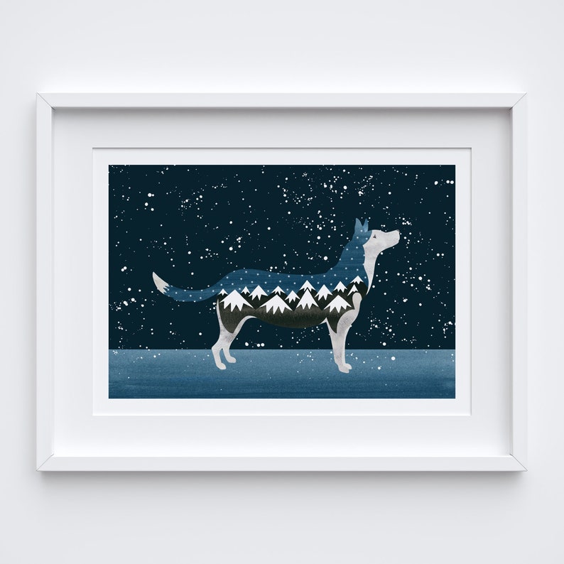 Snow Dog Art Print / Dog Art Print / Dog Art Illustration / Dog Lover Gift / Wolf Print / Kids Wall Art image 1