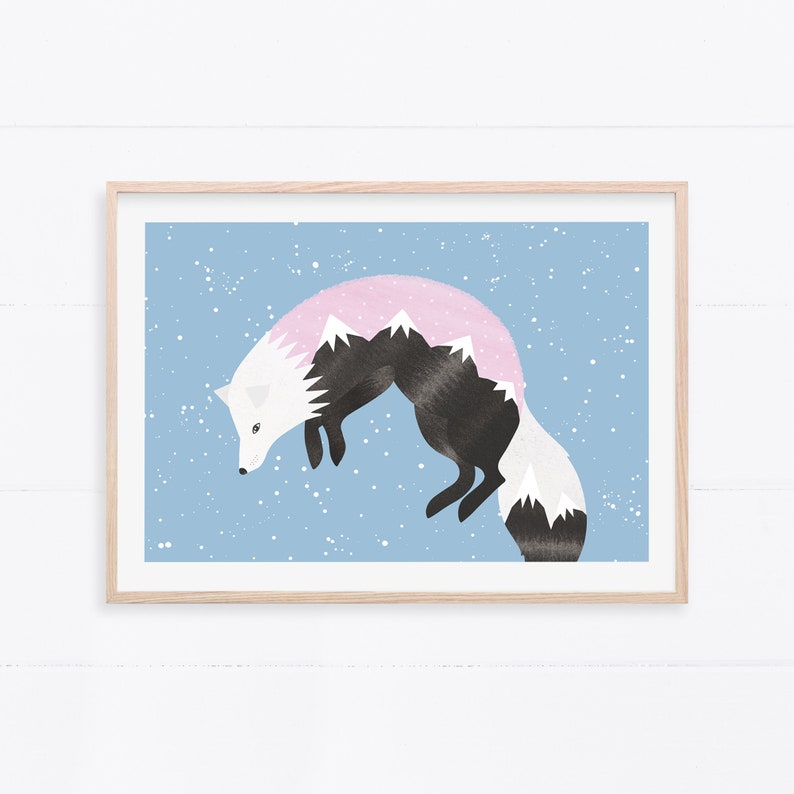 Jumping Fox Art Print / Fox Print / Arctic Fox / Fox Lover / Nature Art image 2