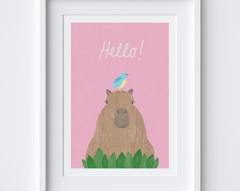 Hello Capybara Art Print / Capybara Print / Capybara Gift / Kids Wall Art