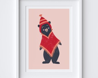 Peruvian Bear Boy Art Print / Bear Print / Bear Lovers / Kids Wall Art