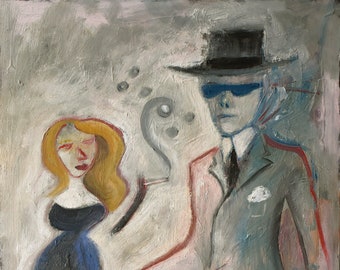 Surreal mix of film noir and nonsense painting on panel by Lupo Sol