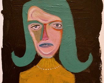 Young lady with green hair and expressive face in original work on paper